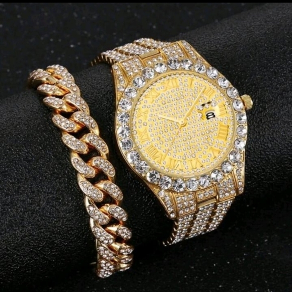Mens Iced Out Simulated Diamond Hiphopbling Watch & Iced Out Cuban Bracelet Set - Picture 2 of 4